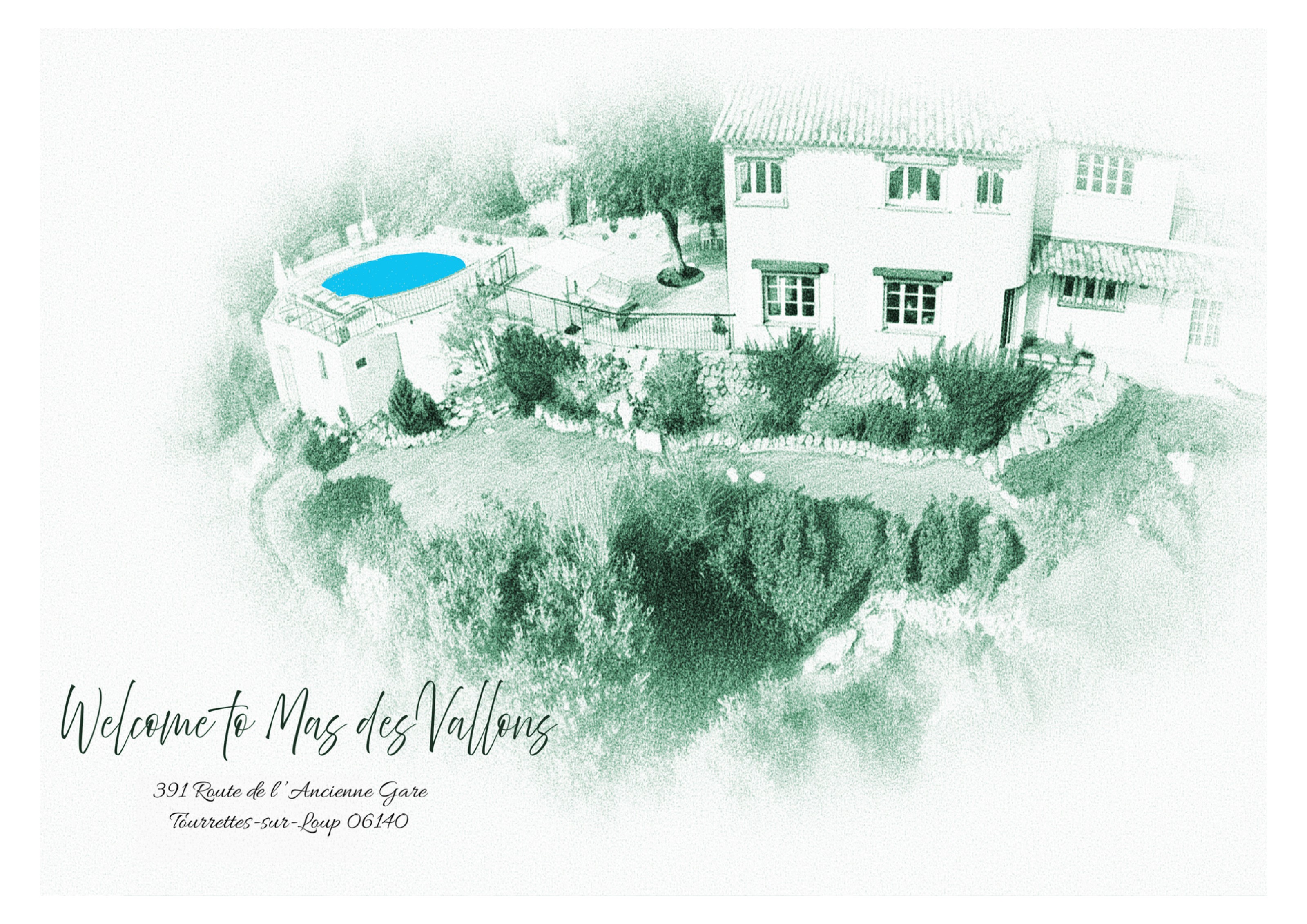 Illustration of Mas des Vallons, its garden and swimming pool